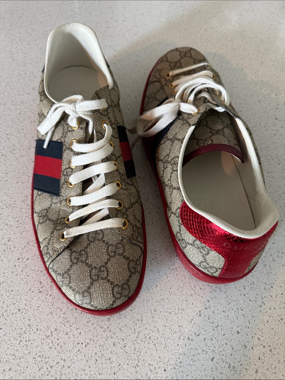 AUTHENTIC Gucci Beige GG Canvas Sneakers with Red and Navy Web